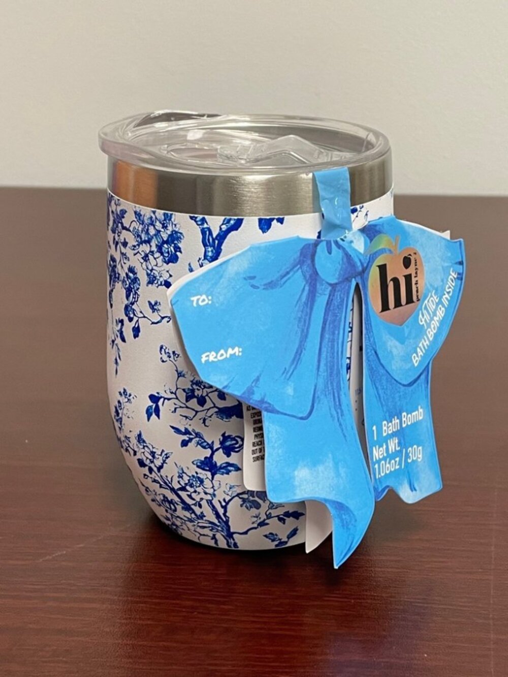 Hi Peach Layne Stainless Steel Tumbler with Bath Bomb - Blue & White Floral -NWT